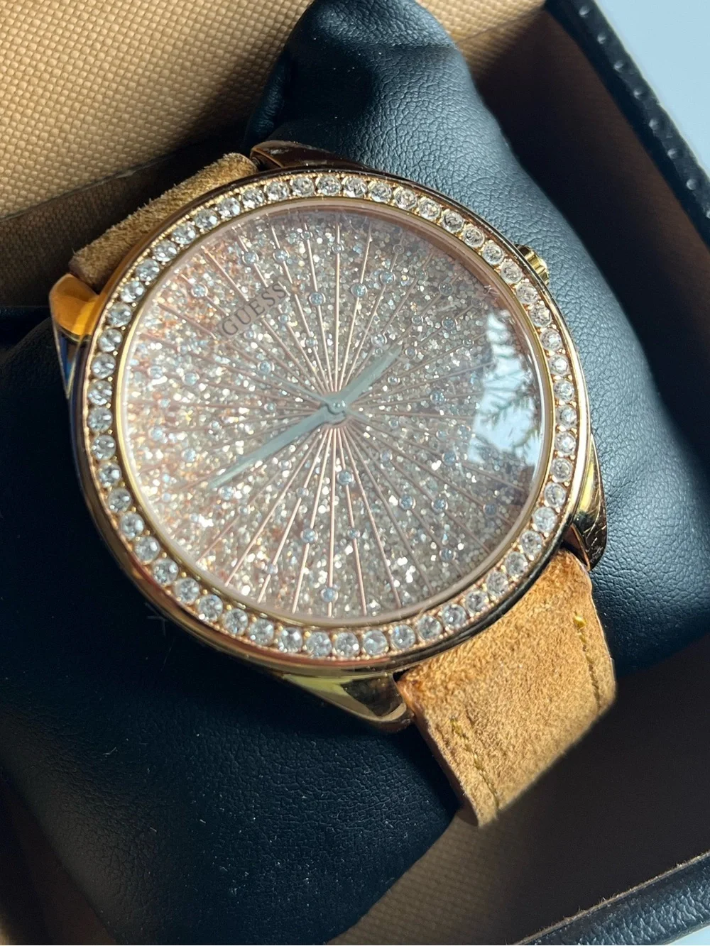 Guess Gold-Tone Watch with Glitter Dial and Tan Strap with Box